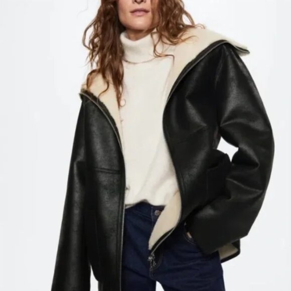 Mango Faux Leather Shearling Zip Coat Black Size Small - Picture 14 of 14